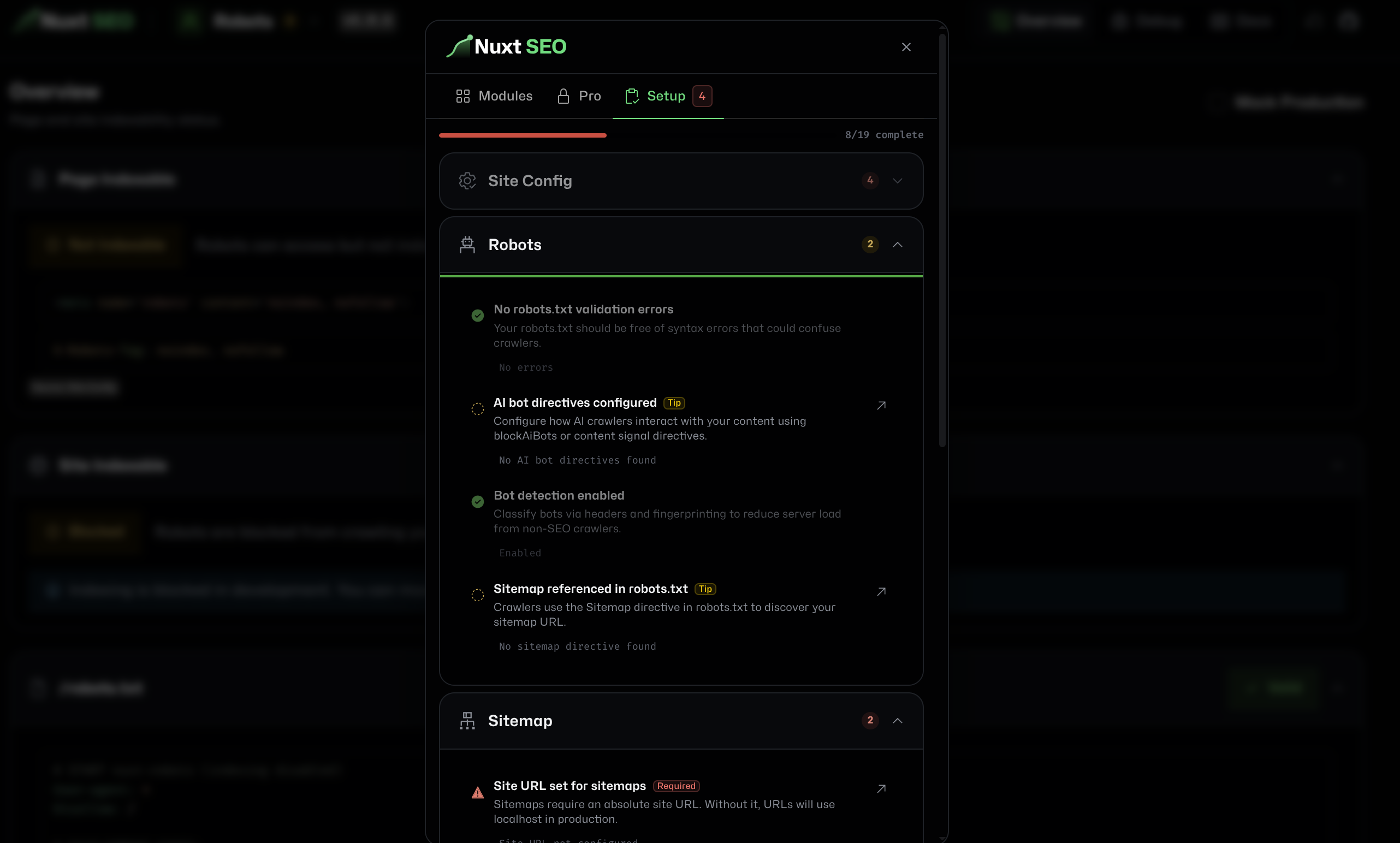 Nuxt SEO v5 Setup Checklist showing module configuration tips for Site Config, Robots, and Sitemap